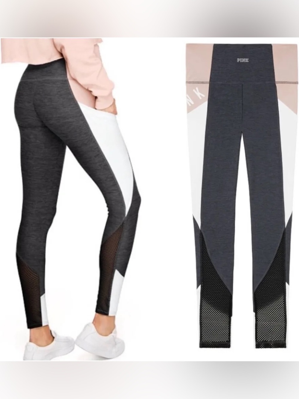 PINK Ultimate High Waist Black Leggings with Blush & Cream Panels